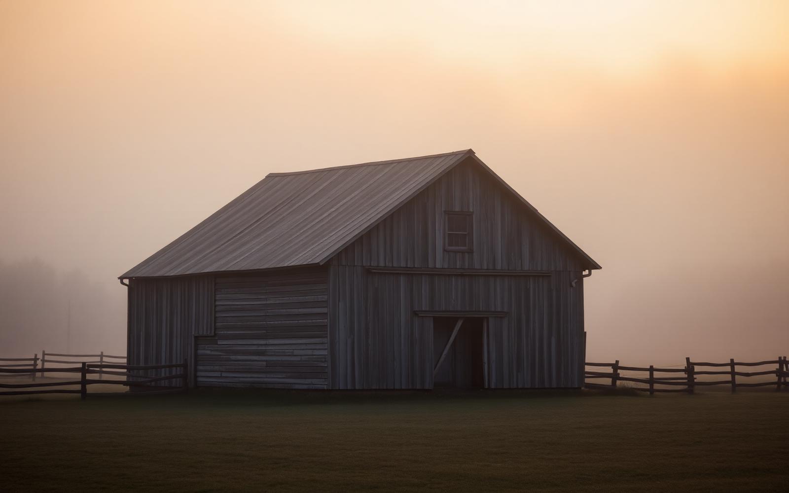 Foggy barn at dawn