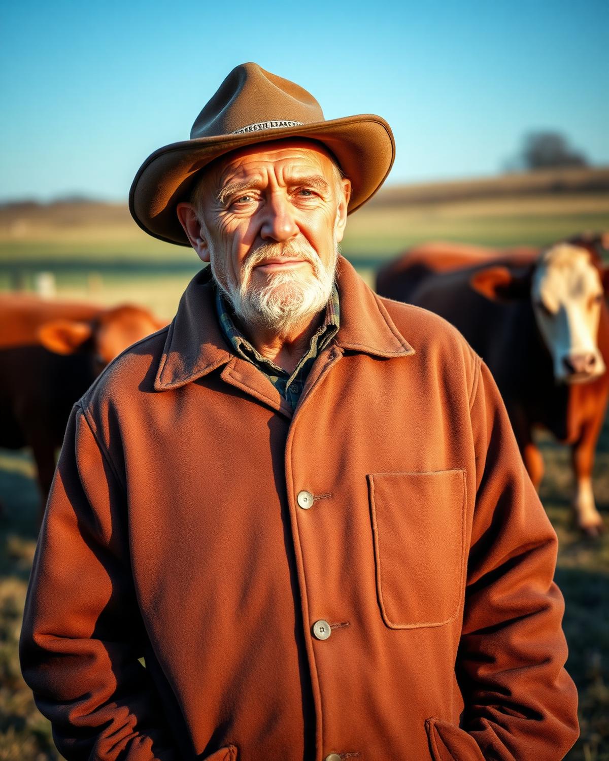 A weathered farmer in a barn coat with cattle behind him